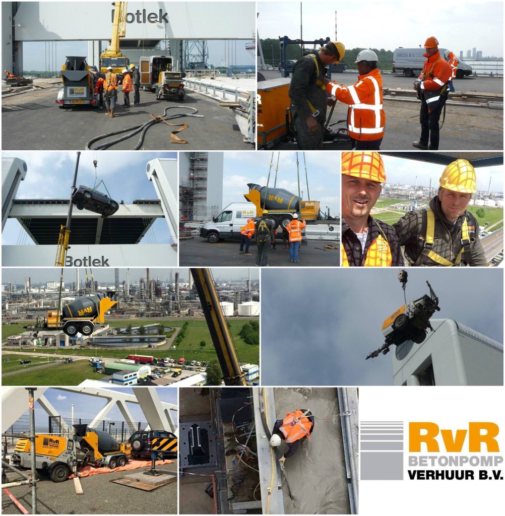 RvR Betonpomp Verhuur heeft beton gestort bovenop de pijlers van de botlekbrug. Een collage van de werkzaamheden.